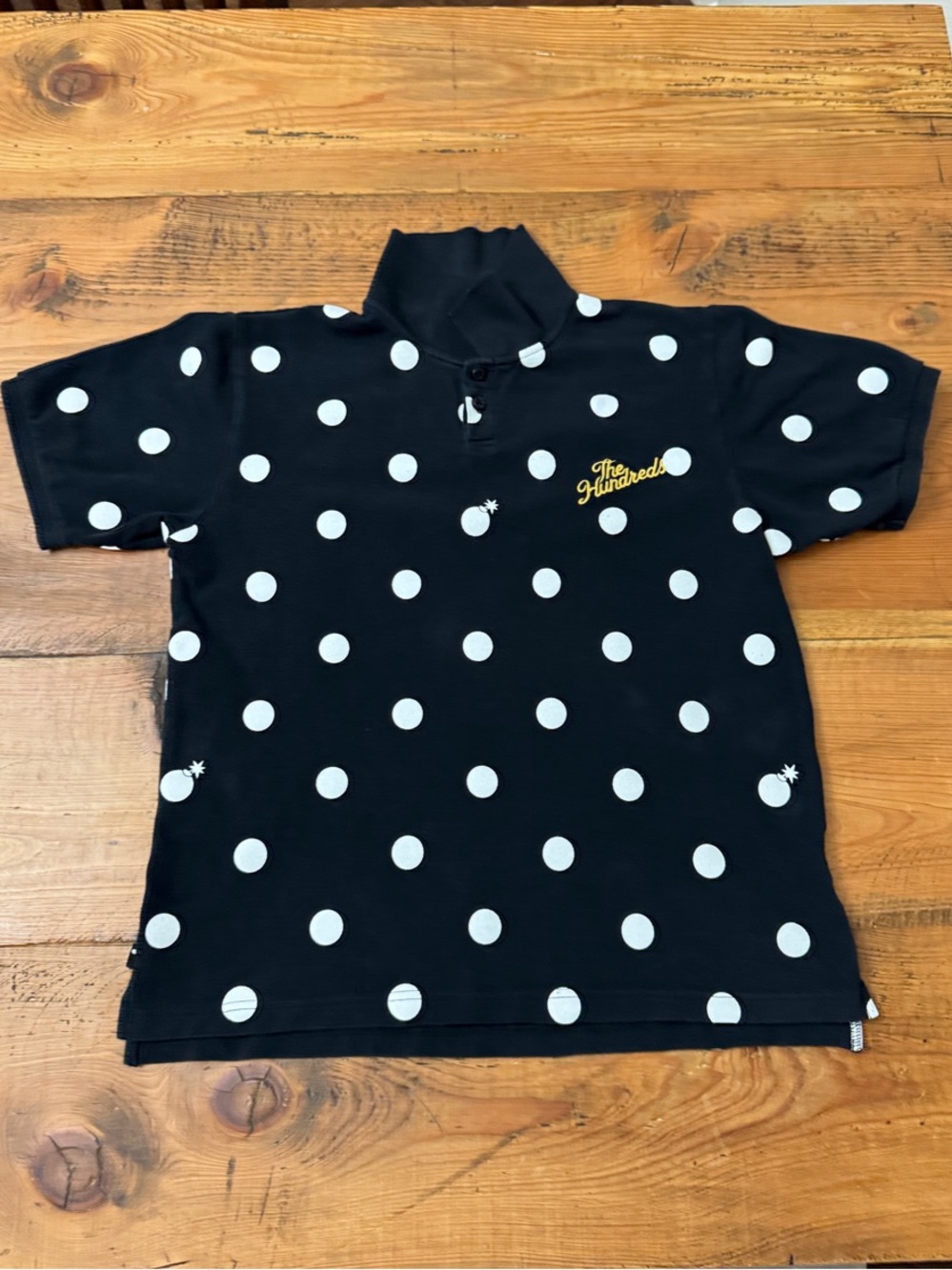 The Hundreds Men’s Black Polo with White Polka Dots and Yellow Logo Medium